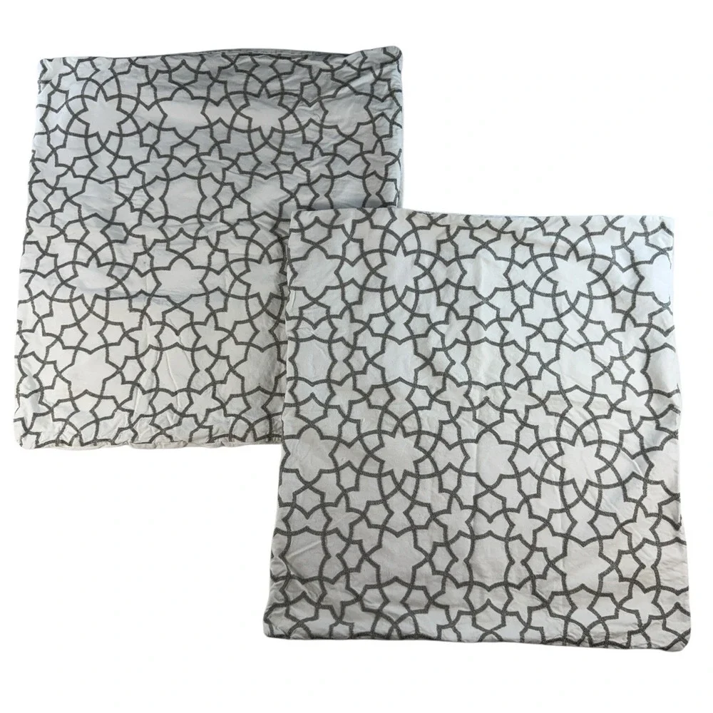 West Elm Gray Lattice Stars EURO Pillow Sham Cover 26x26 Embroidered White Set 2